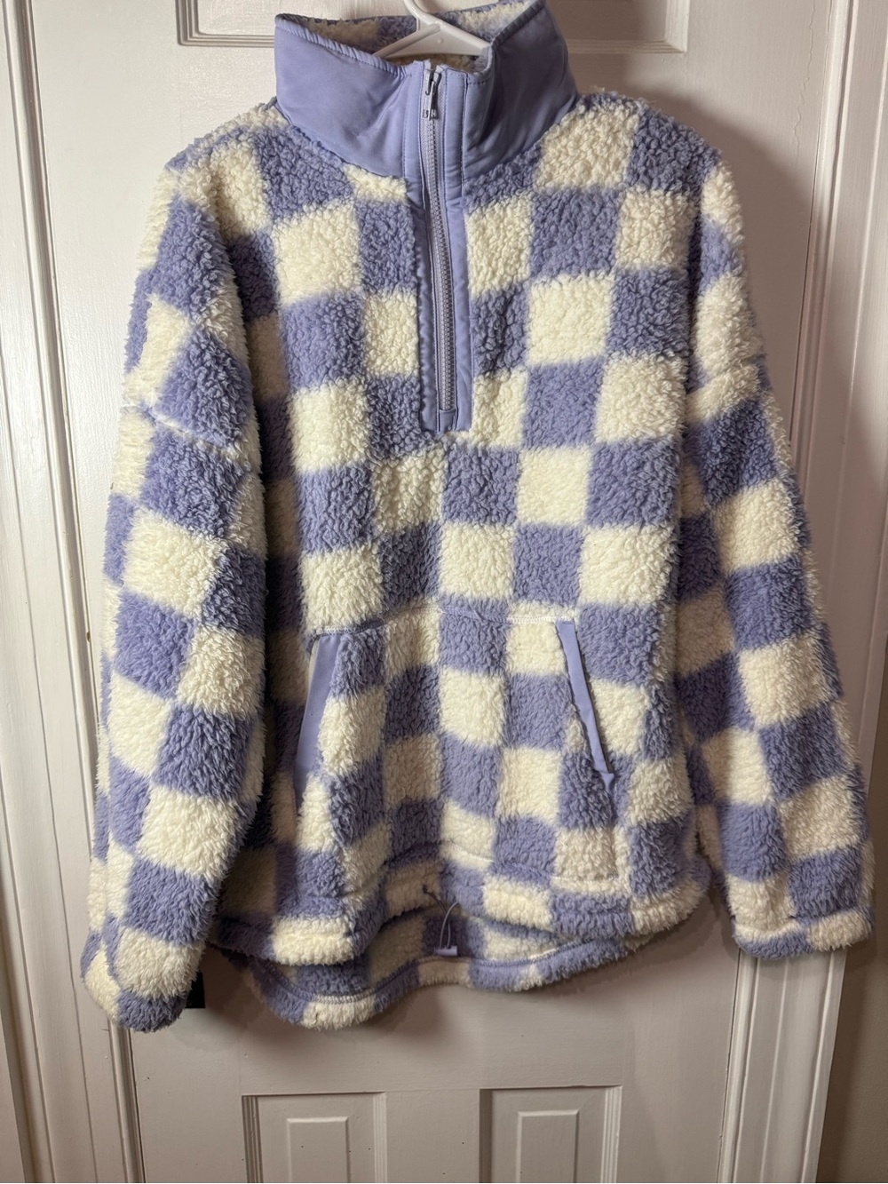 SO Checkered Sherpa Half-Zip Jacket in Cream & Light Purple